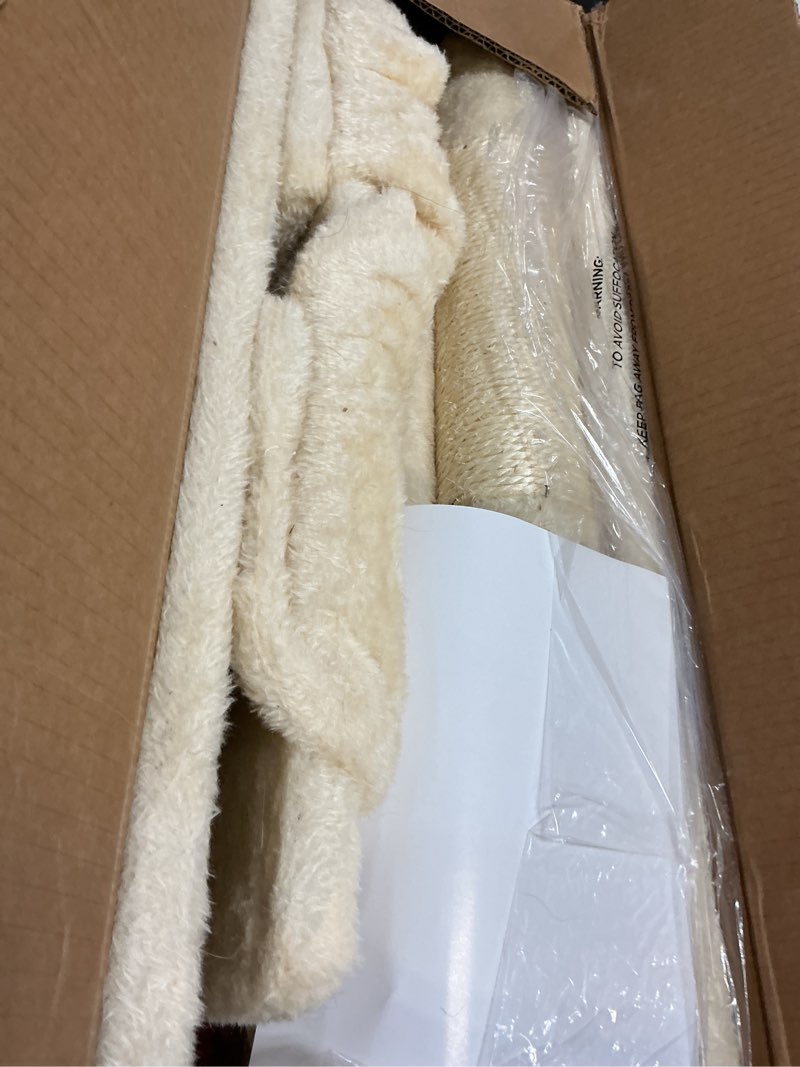 Condition photo showing As Is for abcpet cat tree tower 63in multi-level cat tower for indoor cats with sisal scratching posts, condo, hammock, dangling ball and extended platform for cats to play, beige