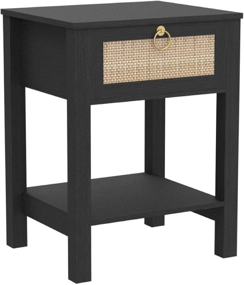 SICOTAS Nightstand Set of 2 - Rattan Decor Drawer with Brass Knobs Night Stand Bedside Table Boho End Tables Side Tables with Storage Shelf for Bedroom, Small Space