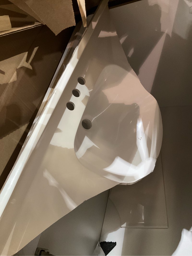 Condition photo showing As Is for project source 36-in white single sink bathroom vanity with white cultured marble top