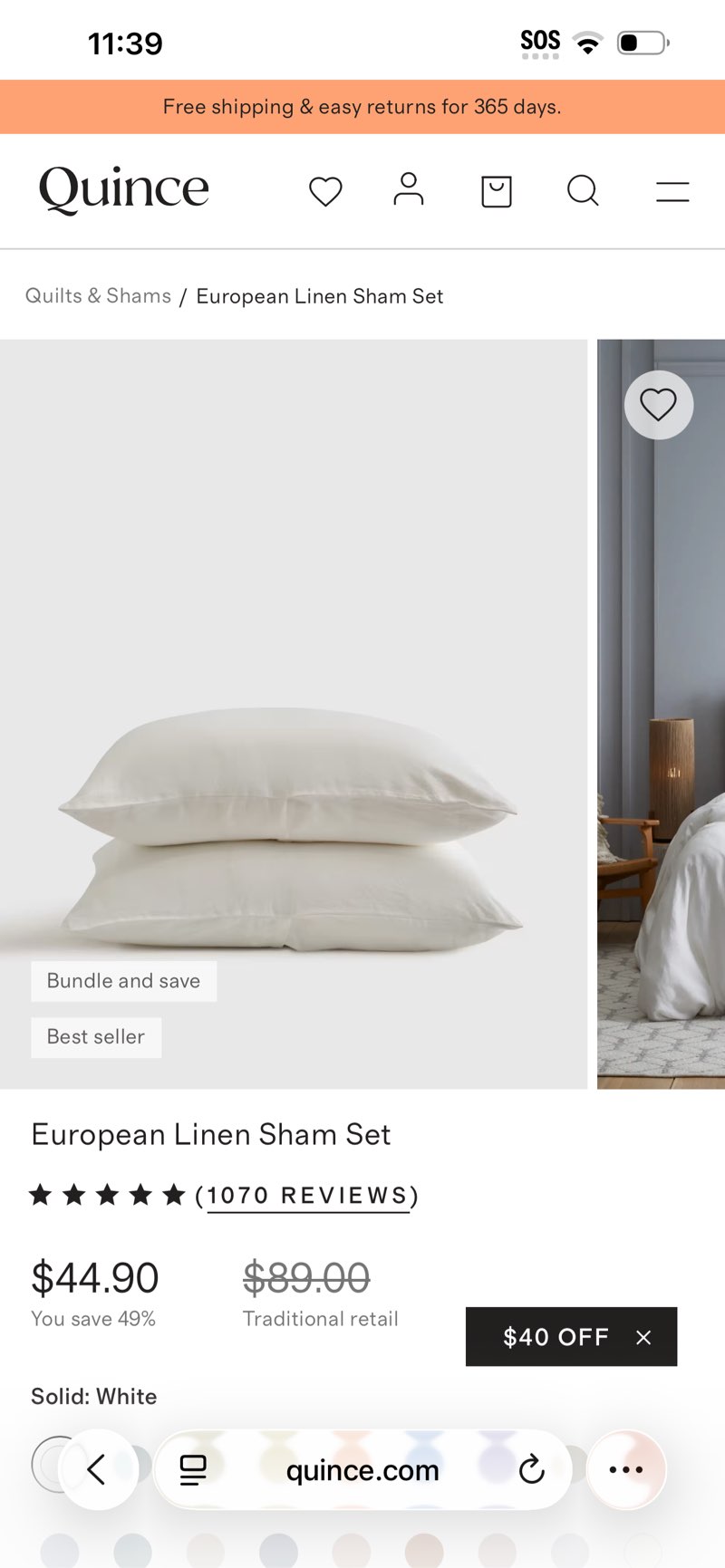 european linen sham set, standard white