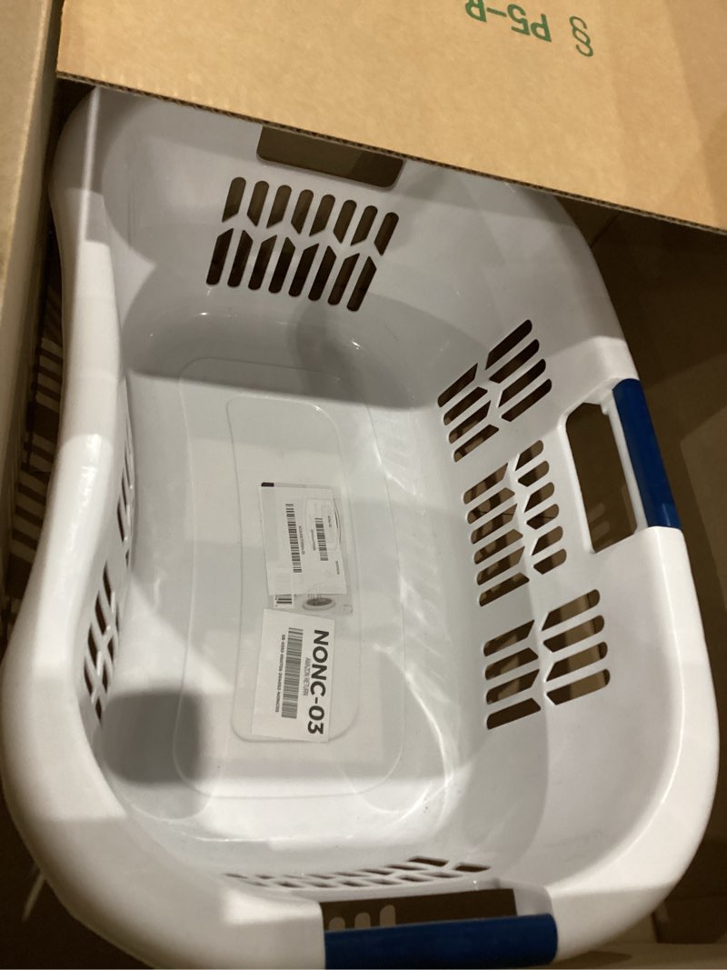 Condition photo showing Good Condition for rubbermaid large hip-hugger laundry basket/hamper, 1.5-bushel, white, stackable storage bin/organizer for bathroom/bedroom/dorm/home 1.5 bushel large hip hug basket