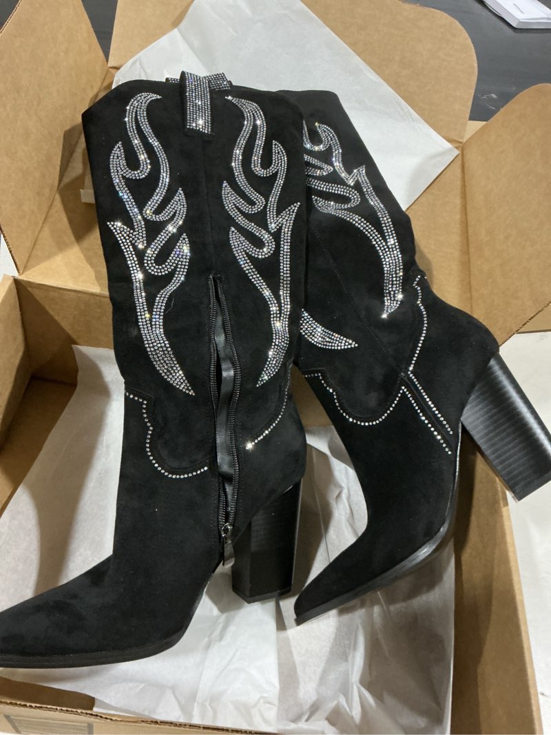 Condition photo showing Good Condition for celbreez cowboy boots for women cowgirl boots women suede knee high boots rhinestones embroidered western boots pointed toe chunky heel side zip festival country concert shoes 7.5 black