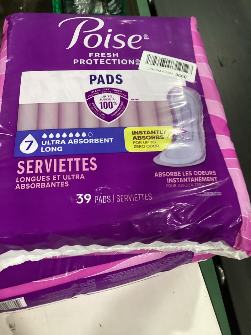 Condition photo showing New/Like New for poise incontinence & postpartum pads for bladder leaks, 7 drop ultra absorbency, long length, 39 count, packaging may vary long 39