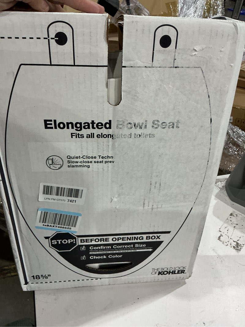Condition photo showing As Is for kohler 20110-0 brevia, slow close toilet seat, elongated toilet seat, grip-tight bumpers quick-attach hardware, white white elongated quiet-close