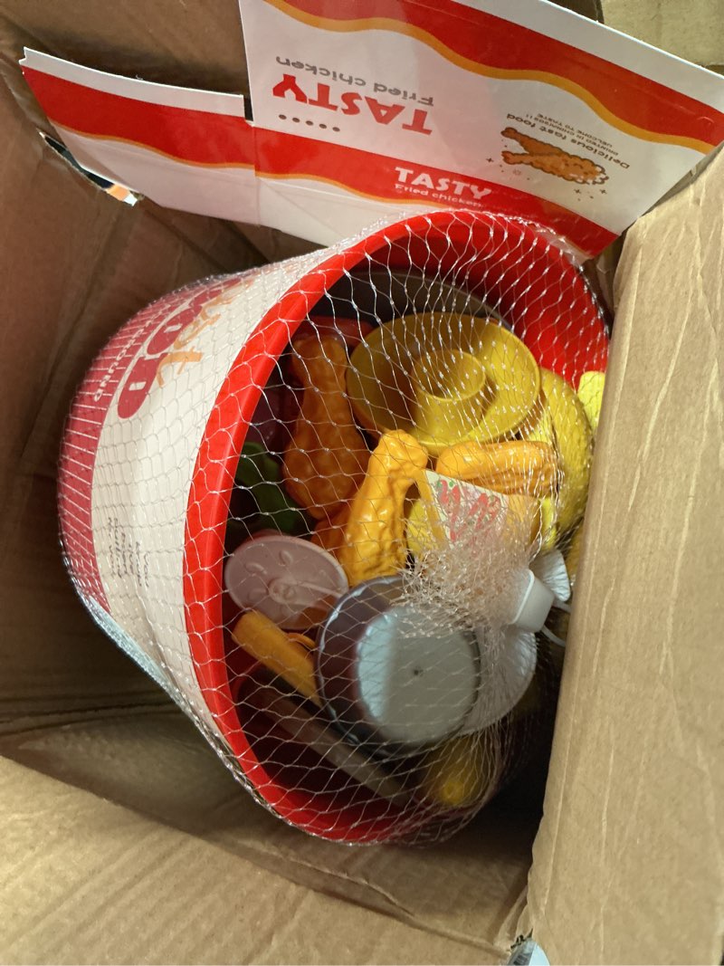 Condition photo showing Good Condition for 80 pcs pretend play food toy for kids kitchen aged 3 4 5, fast food set with storage bucket, pizza, burger, ice cream, hot dog, educational birthday toy gift for boys girls