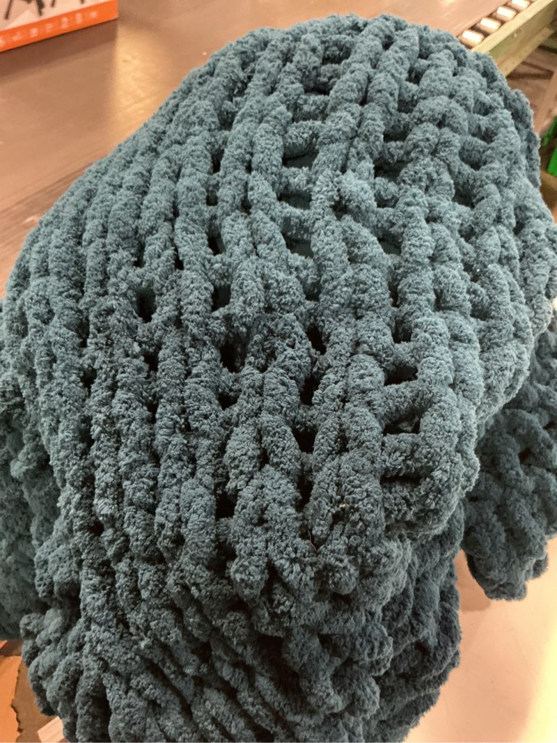 Condition photo showing As Is for Negwoo Chunky Knit Throw Blanket, 60''*80'' Knitted Throw Chenille Yarn for Bed Couch, Handmade Peac