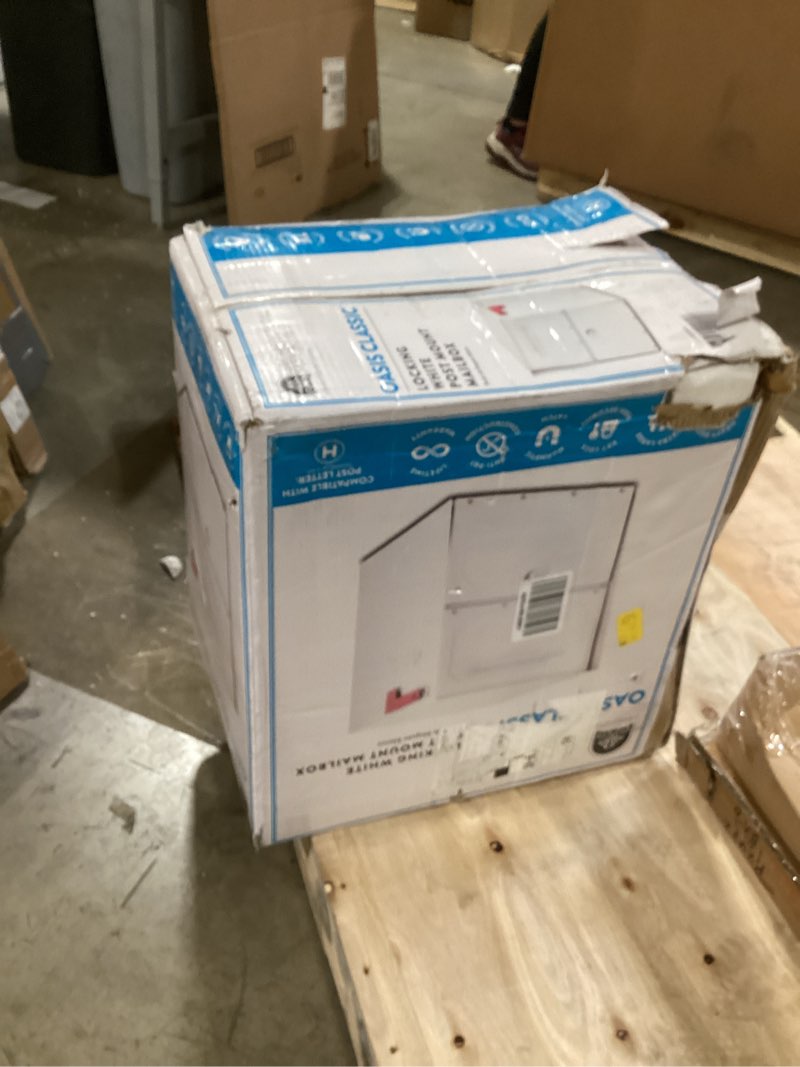 Condition photo showing As Is for architectural mailboxes oasis classic large high security parcel mailbox, white white mailbox