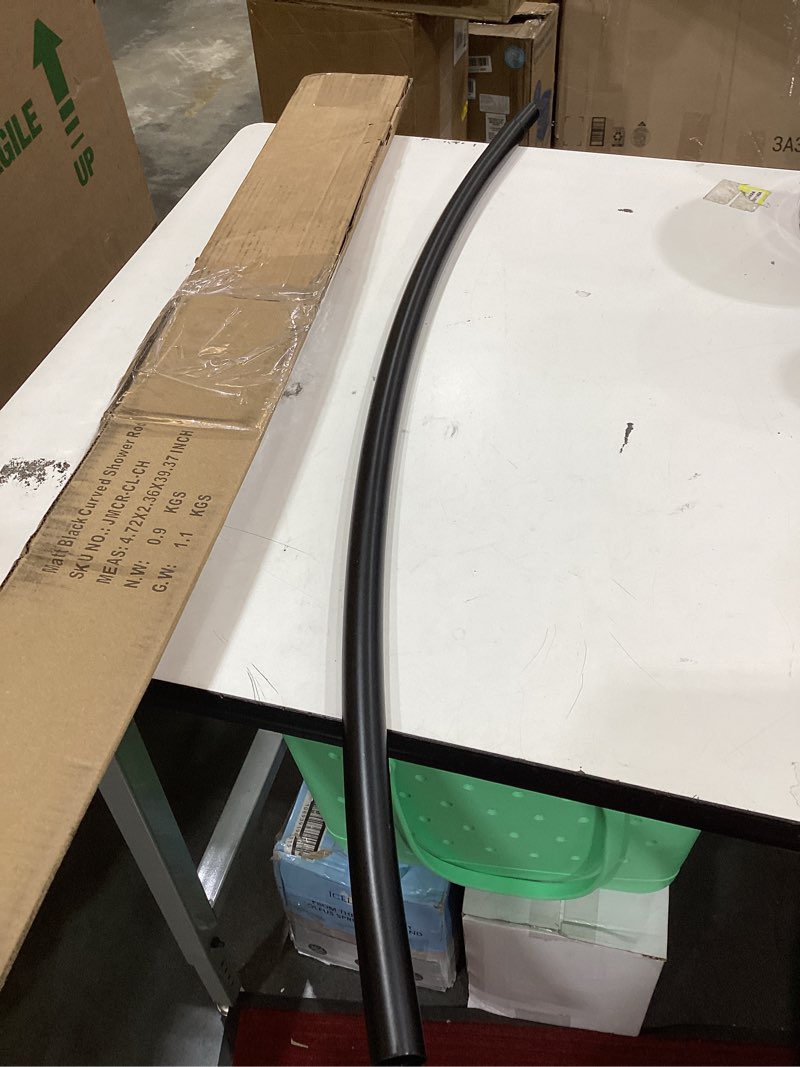 Condition photo showing As Is for curved shower curtain rod for bathroom 38-72 inches, adjustable length, curved shower rod, 0.9mm thickness, round shower curtain rods, rotate bracket for large shower space, need drilling, black