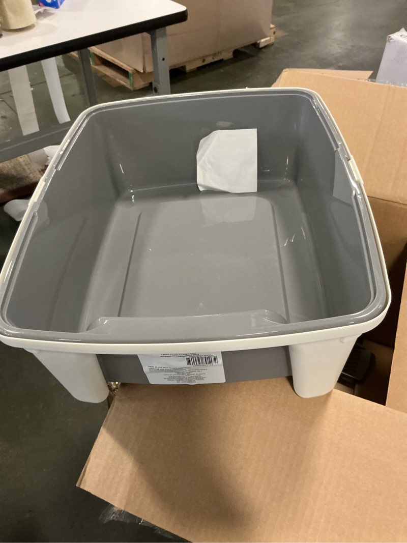 Condition photo showing Good Condition for Amazon Basics Large Cat Litter Box with High Sides, Open Top, Includes Scoop, 19 x 15 x 11.75 inches, Grey/Beige