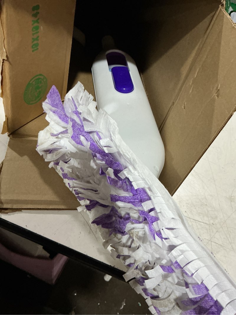 Condition photo showing As Is for swiffer powermop multi-surface mop kit for floor cleaning, fresh scent, mopping kit includes powermop, 2 mopping pad refills, 1 floor cleaning solution with fresh scent and 2 batteries purple and white