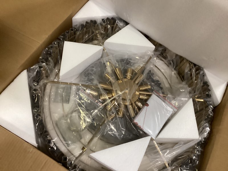 Condition photo showing Good Condition for WABON Modern Crystal Chandeliers, Chrome Round Chandelier Light Fixture, 2-Tier Raindrop Chandelier for Dining Room Living Room Bedroom