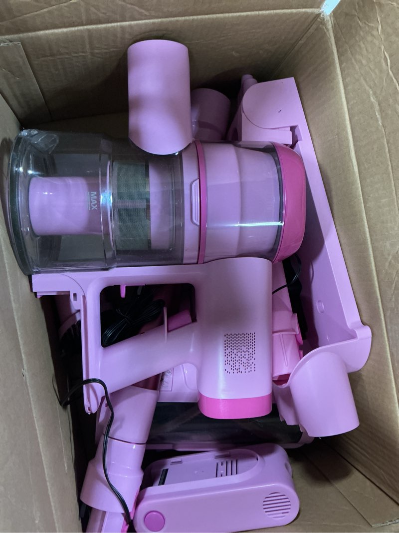 Condition photo showing As Is for tikom v500 cordless vacuum cleaner for home, 40000pa/450w stick vacuum with led touch screen, charging wall dock, anti-tangle, lightweight handheld vacuum for pet hair, hard floor, carpet pink&red