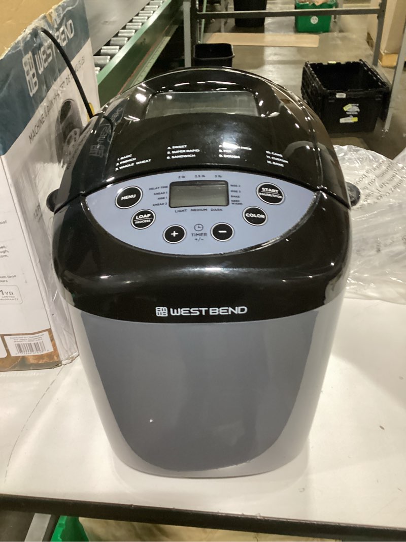 Condition photo showing Good Condition for West Bend Hi-Rise Bread Maker Machine Programmable 12 Programs Including Gluten Free & 3 Loaf Sizes and Crust Colors with Traditionally-Shaped Horizontal Bread Pan with Dual Knead Blades, 3-Lb, Gray