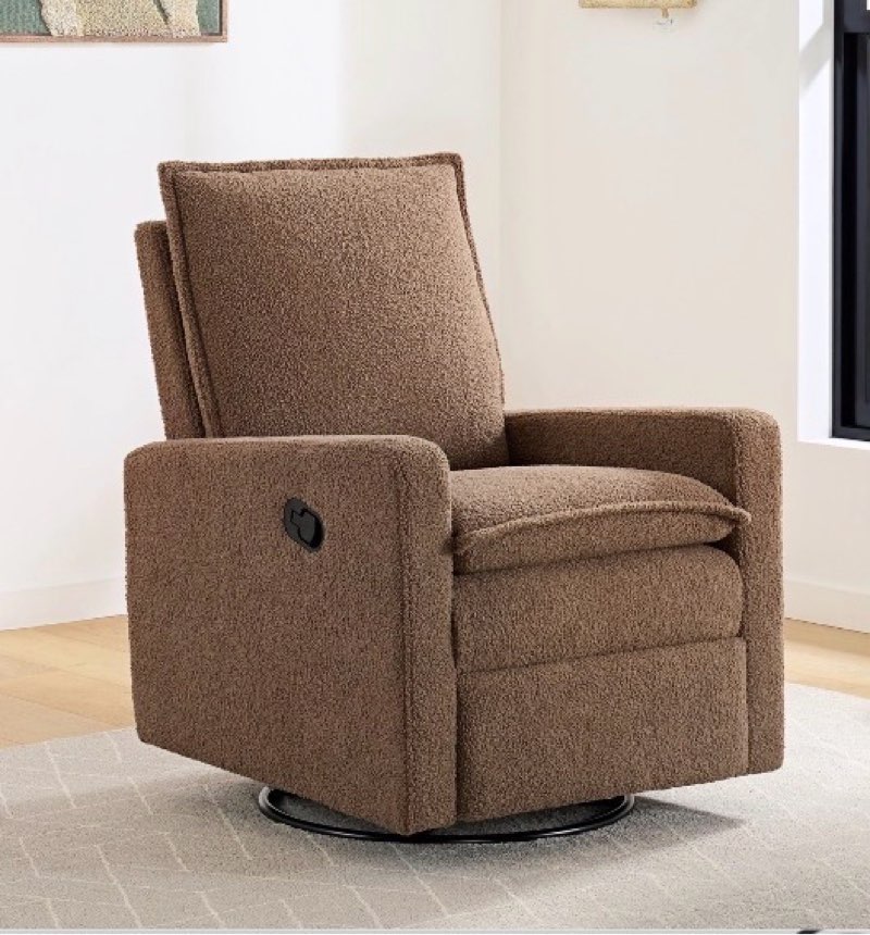 soho baby coventry upholstered glider recliner rocking chair 360° swivel for nursery and living room – boucle teddy brown?