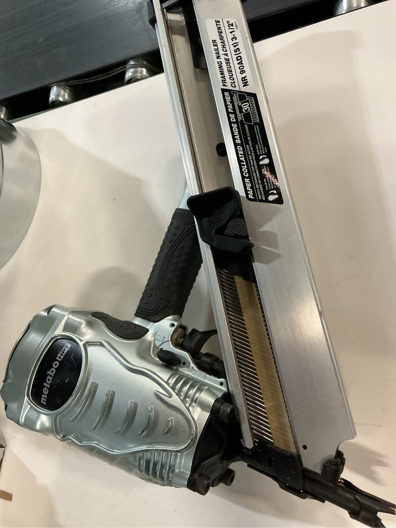 Condition photo showing As Is for metabo hpt framing nailer, pro-preferred power nailer for flooring, roof decking, and more, lightweight 7.5 lbs framing tool for 21° 2" to 3-1/2" plastic collated nails, nr90aes1 nr90aes1 only