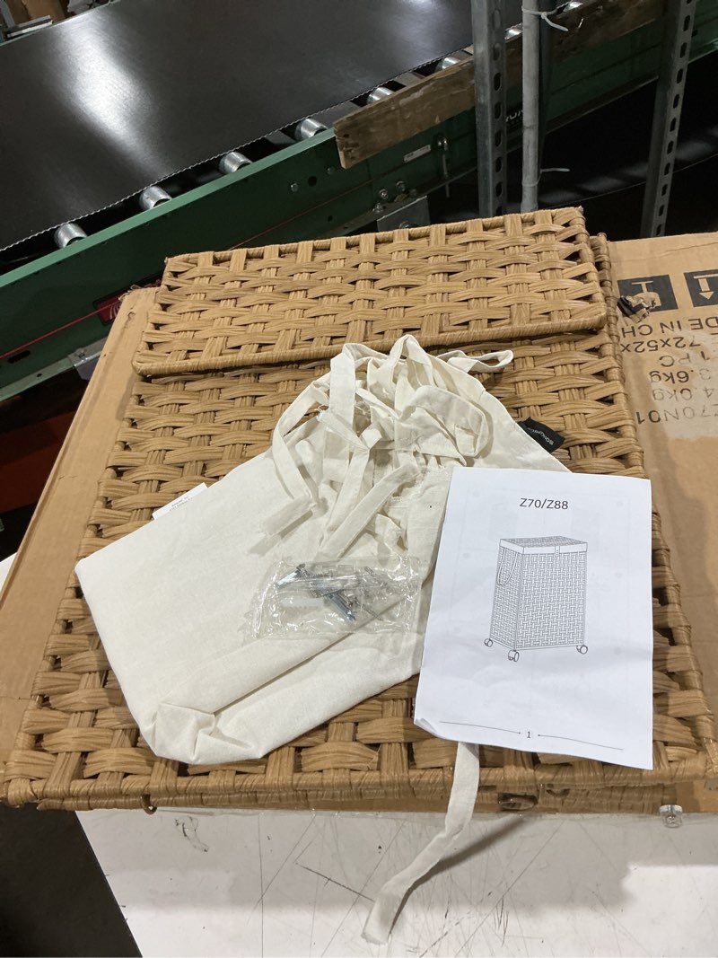 Condition photo showing As Is for slim laundry hamper with lid & wheels, rolling laundry basket with 2 removable liner bags & 3 mesh bags, narrow dirty clothes basket, foldable handwoven rattan laundry sorter,natural