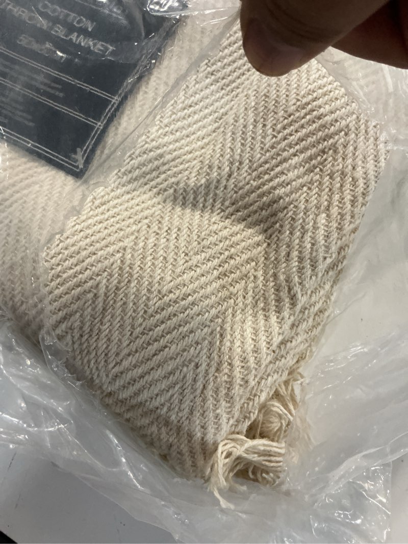 Condition photo showing Good Condition for americanflat 50x60 throw blanket - soft and breathable cotton throw blanket for couch, bed, chair - decorative blankets perfect for home, office, or outdoor use - cream herringbone design 50x60 zaina cream herringbone