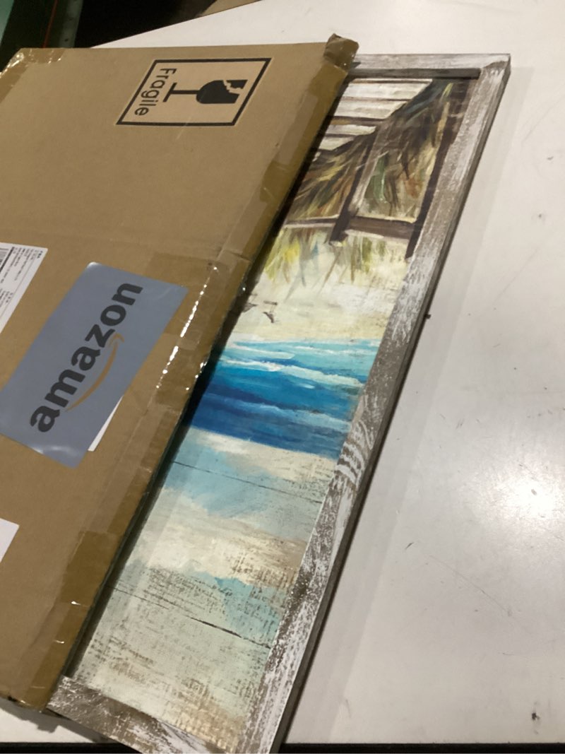 Condition photo showing As Is for Wood Framed Beach Wall Art: Calming Ocean Waves Scenery Painting Modern Seashore Seagulls Picture Abstract Coastal Boardwalk Prints Seaside Grass Seascape Artwork for Bathroom Bedroom 24"L x 16"W Boardwalk