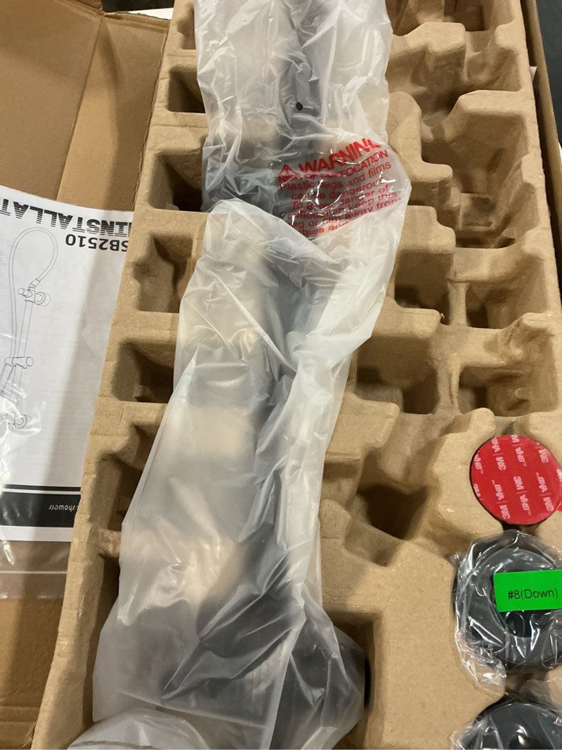 Condition photo showing New/Like New for bright showers shower system, 9 inch rain shower head with 5-function hand shower, dual shower combo with height adjustable holder, solid brass rail, 60 inch stainless steel hose, oil-rubbed bronze 1.8 gallon per minute oil rubbed bronze
