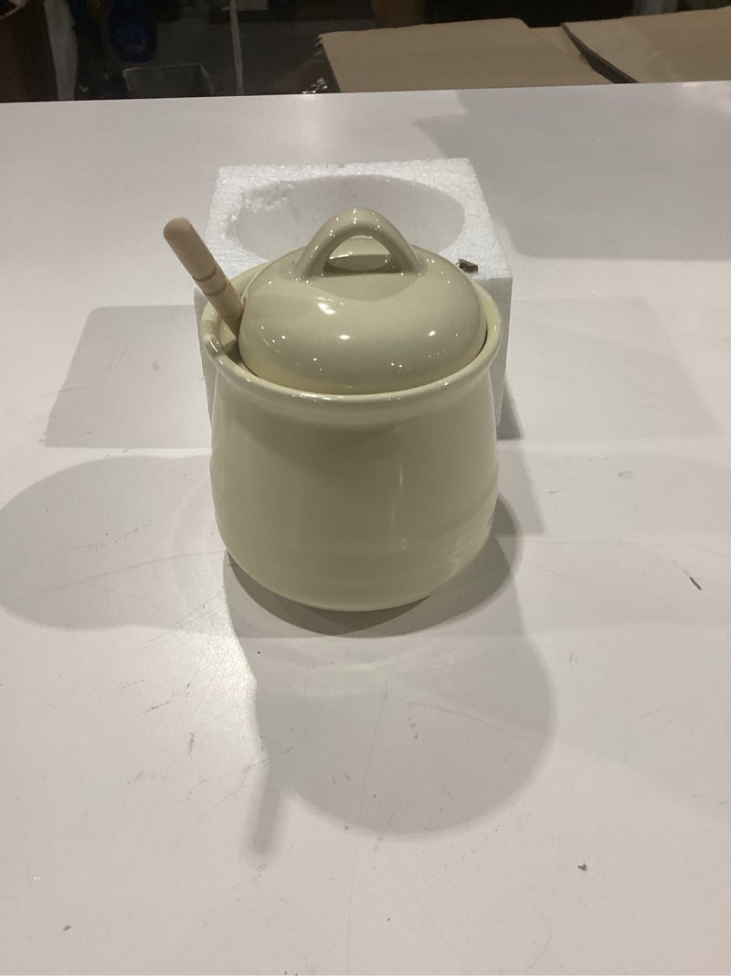 Condition photo showing Good Condition for honey jar with wooden dipper, elegant ceramic honey pot, white 8 oz | easy to clean, ideal for kitchen counter, coffee bar, breakfast spread, home use & gifting, joylulu