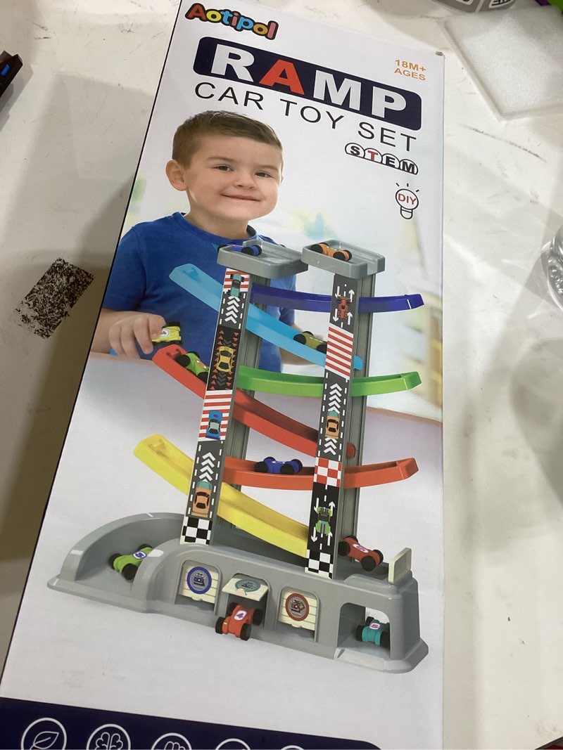 Condition photo showing Good Condition for Montessori Toys for 2 3 Year Old Boys Toddlers, Car Ramp Toys with 6 Cars & Race Tracks, Garages and Parking Lots, Ramp Racer Toy Gift for Boys Girls Age 18 Months and Up, Multicolor Classic Track