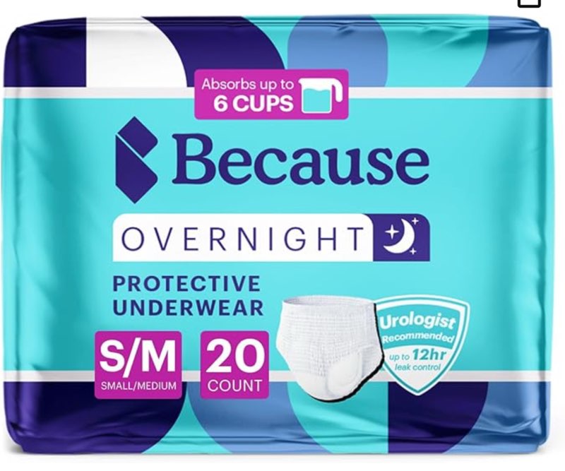 because unisex premium overnight plus pull up underwear - extremely absorbent, soft & comfortable nighttime leak protection - white, small-medium - absorbs 6 cups - 20 count