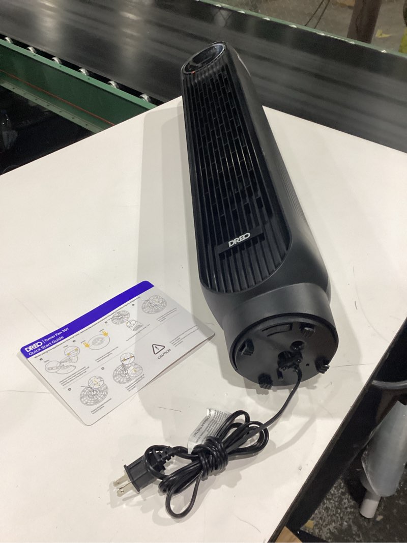Condition photo showing As Is for **missing base**  dreo tower fan for bedroom, 2026 upgraded dc motor, 28ft/s high velocity, 20db ultra quiet standing fan, 8 speeds 4 modes, 90° oscillating bladeless fan for indoors, floor fans with remote, black