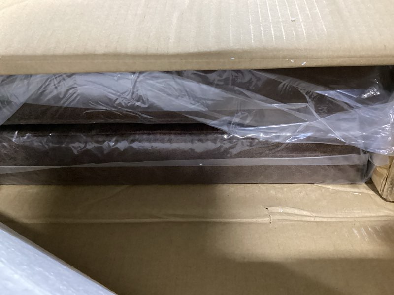 Condition photo showing New/Like New for nathan james harlow modern wall mount hanging headboard, queen, brown faux leather queen brown faux leather headboard