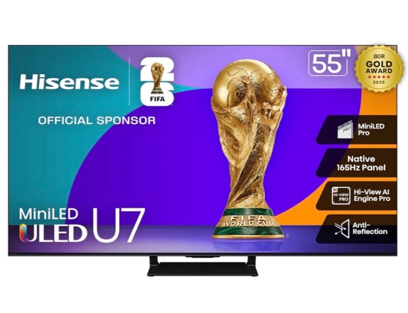 hisense 55" u7 mini-led uled 4k uhd best premium gaming google smart tv (55u75qg, 2025 model) - qled, native 165hz, vrr 288, up to 3000 nits, hdr10+, dolby vision iq · atmos, imax enhanced, 2.1.2 ch