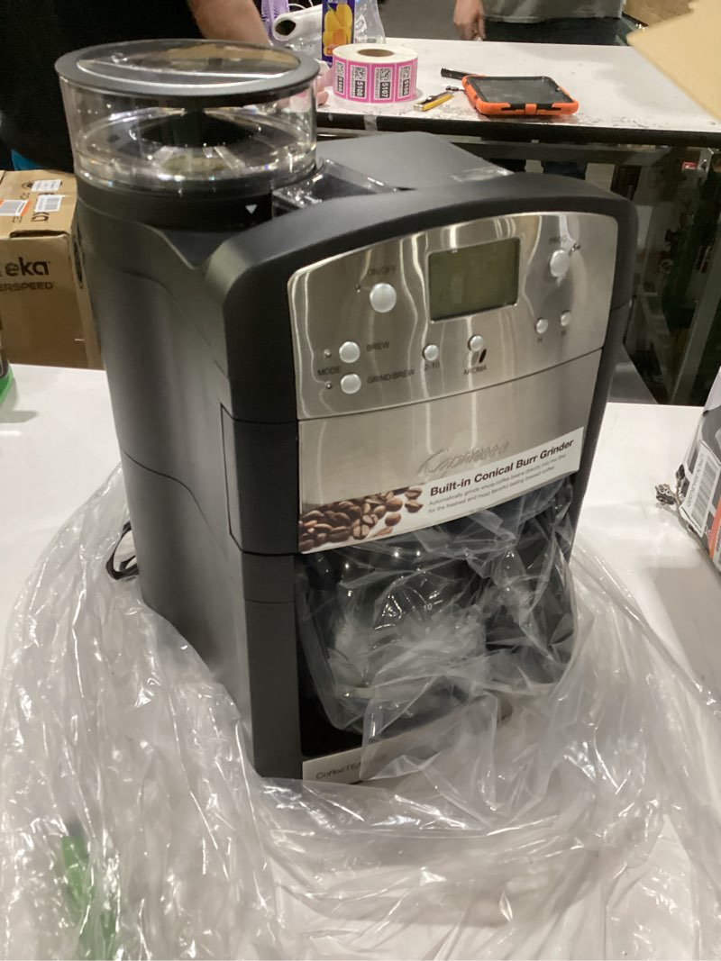 Condition photo showing Good Condition for capresso 464.05 coffeeteam gs 10-cup digital coffeemaker with conical burr grinder, glass carafe , black , 15.5" x 9.5 "x 9.75" glass carafe coffeemaker