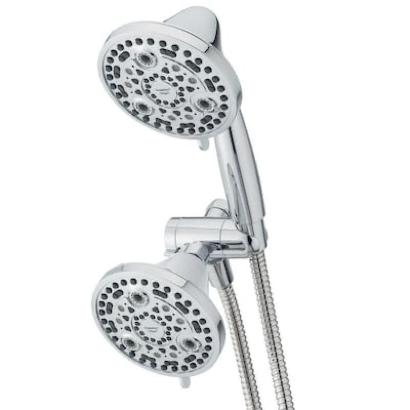 NEVIS Dual Showerhead with Handheld Power Washer Chrome Finish • Fan spray flushes shower walls & door; jet spray targets stubborn dirt • Includes 6-in fixed mount showerhead with 4 spray settings and 4-1/2-in handheld showerhead with 6 spray settings and flexible hose