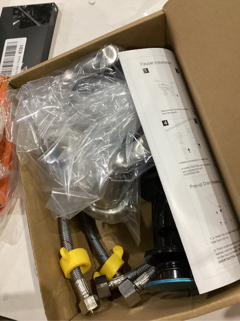 Condition photo showing As Is for Bathroom Sink Faucets 2/3 Hole,Brushed Nickel Dual Handles 4 inch Plastic Plating Over Bathroom Faucet with Pop-up Drain and 2 Supply Hoses for Apartment Rvs Sink Vanity