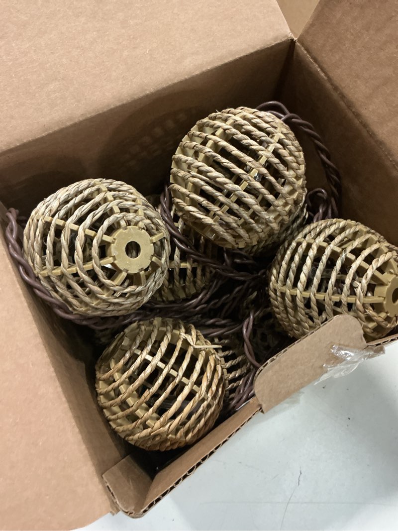 Condition photo showing Good Condition for decorative outdoor patio string lights, seagrass rattan wire ball style lantern string lights, connectable weatherproof indoor outdoor globe boho string light for home pergola garden party backyard