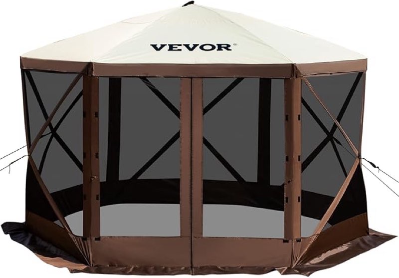 VEVOR Gazebo Screen Tent, 12 x 12 ft, 6 Sided Pop-up Camping Canopy Shelter Tent with Mesh Windows, Portable Carry Bag, Ground Stakes, Large Shade Tents for Outdoor Camping, Lawn and Backyard