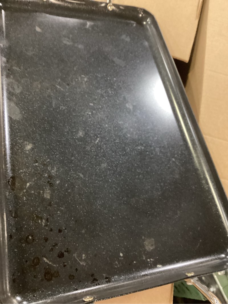Condition photo showing As Is for imusa ceramic nonstick, stovetop double burner griddle with metal handles, 17-inch, black 21.1" x 2.8" x 10.6" ceramic
