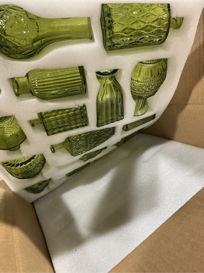 Condition photo showing Good Condition for glass bud vases set of 32 - green assorted small mini glass vases for flowers, crystal vintage vase set, bulk centerpieces for table décor, wedding, home and events (green, 32 pcs) green 32 pcs