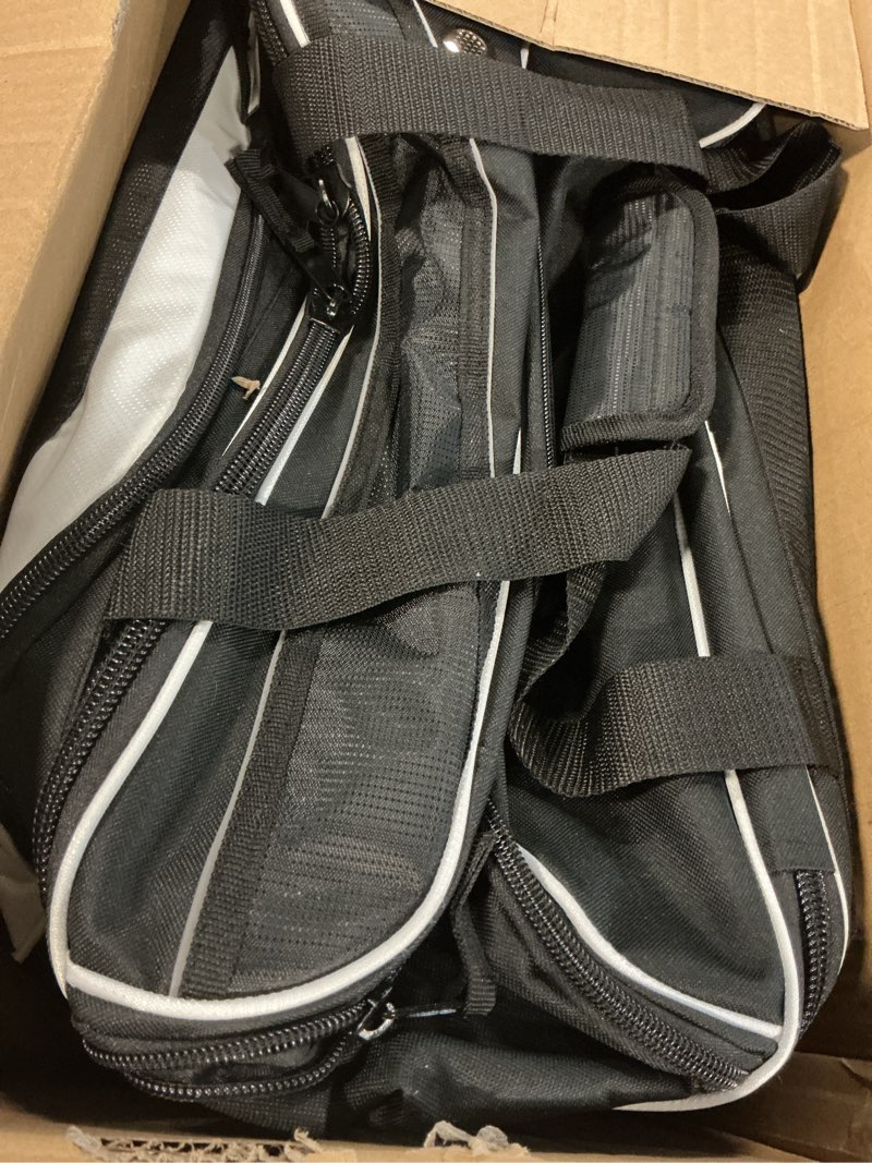 Condition photo showing As Is for gohimal double roller 2 ball bowling bag with separate shoe compartment for bowling shoes (up to us men size 15) and abundant multifunction accessory pocket, upgraded fabric, retractable handle - extends to 40" black