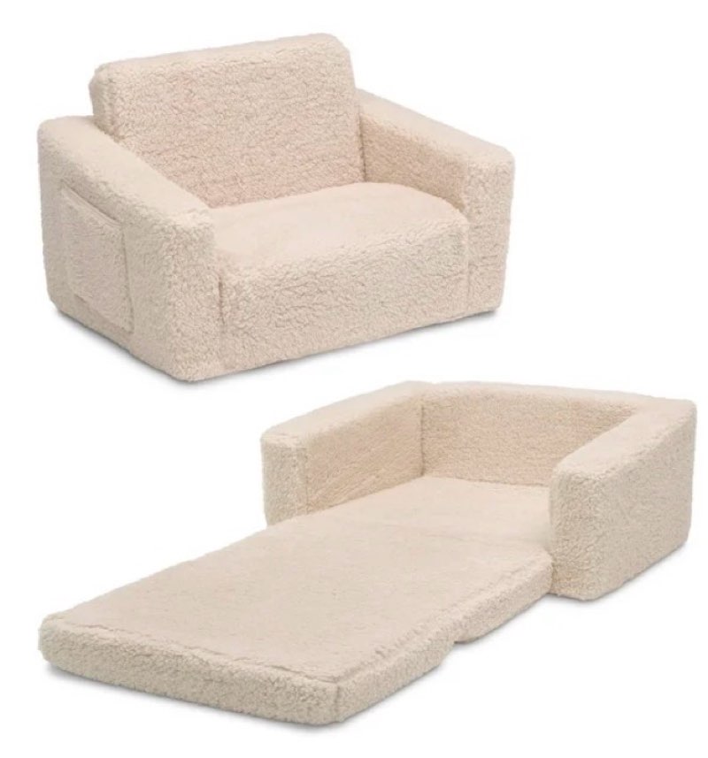 delta children cozee flip-out sherpa 2-in-1 convertible chair to lounger for kids, cream