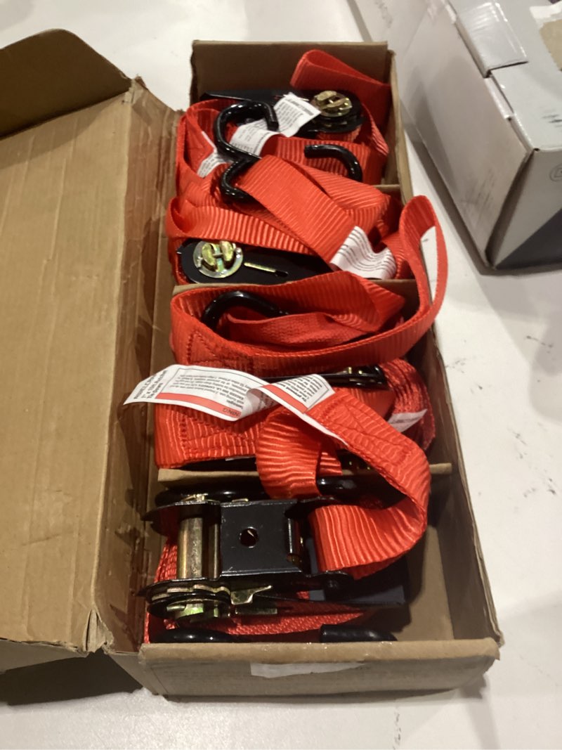 Condition photo showing Good Condition for ratchet straps, 1500 lbs breaking strength - premium 4x 15ft tie down strap set, 4x soft loops for moving appliances, lawn equipment, motorcycle (red)