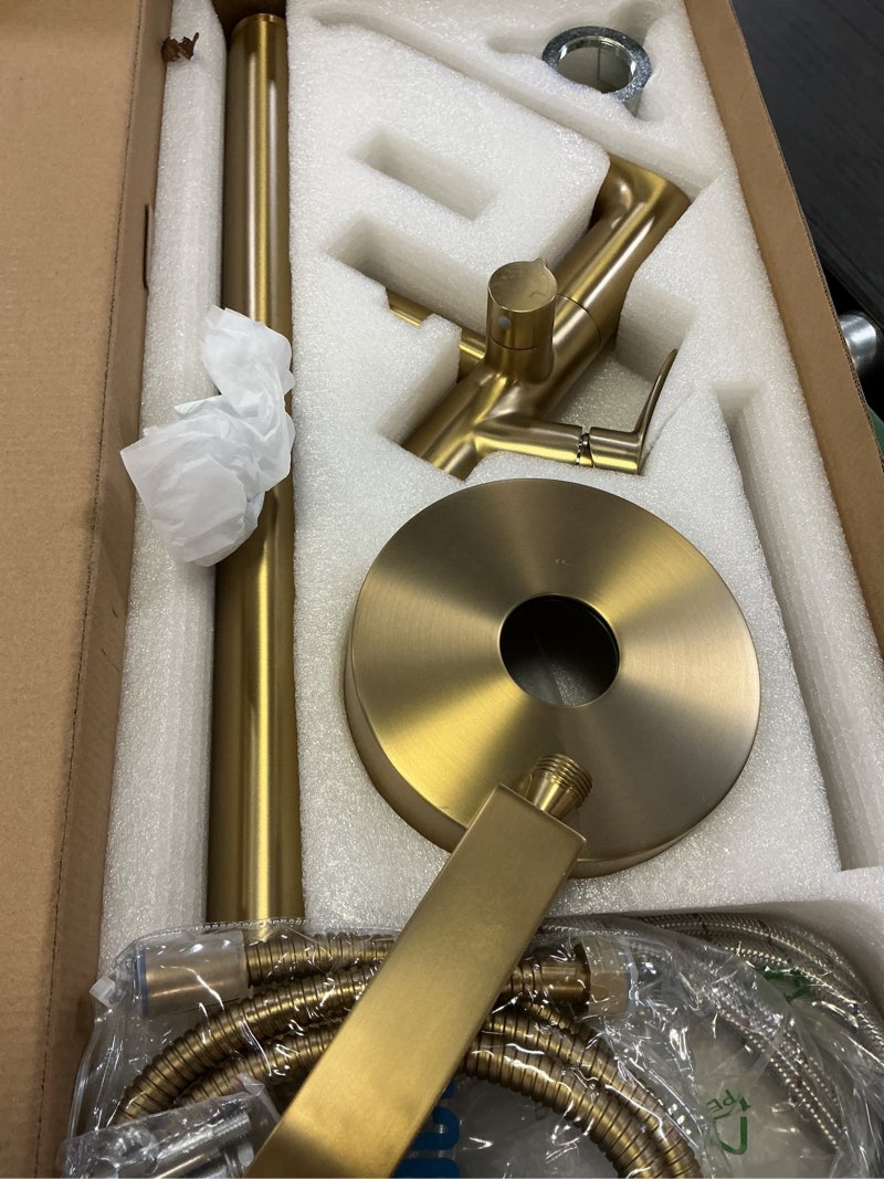 Condition photo showing As Is for Floor Mount Tub Faucet Gold: Freestanding Bathtub Faucet with Handheld Spray Head - Gold Tub Filler Shower Faucet Set 360 Degree Swivel Waterfall Spout - Beelee