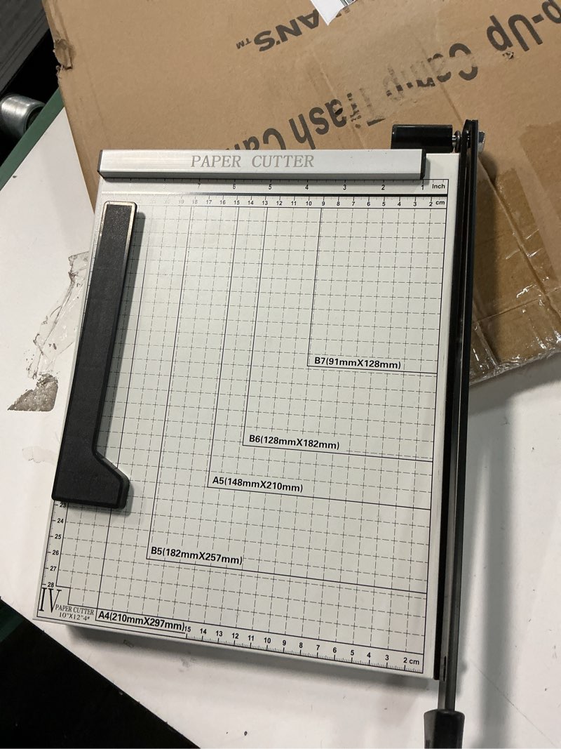 Condition photo showing As Is for Paper Cutter for Cardstock Heavy Duty 12 inch, 12" Cut Length Guillotine Paper Trimmer for Cardstock Metal Base, for Home Office Classroom School Pure White