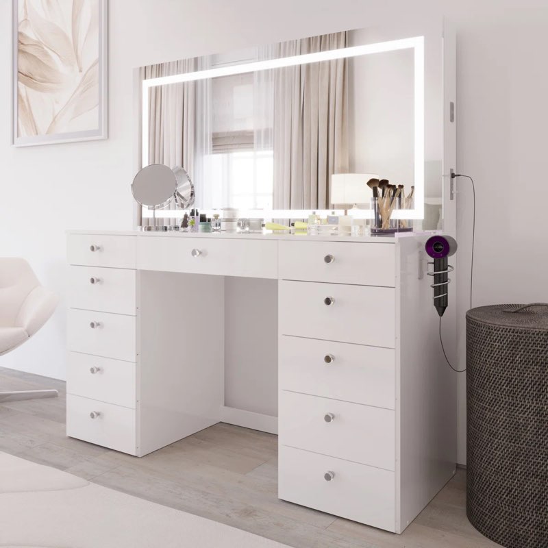 (incomplete set) lydia extra-large makeup vanity with bluetooth speakers and led mirror