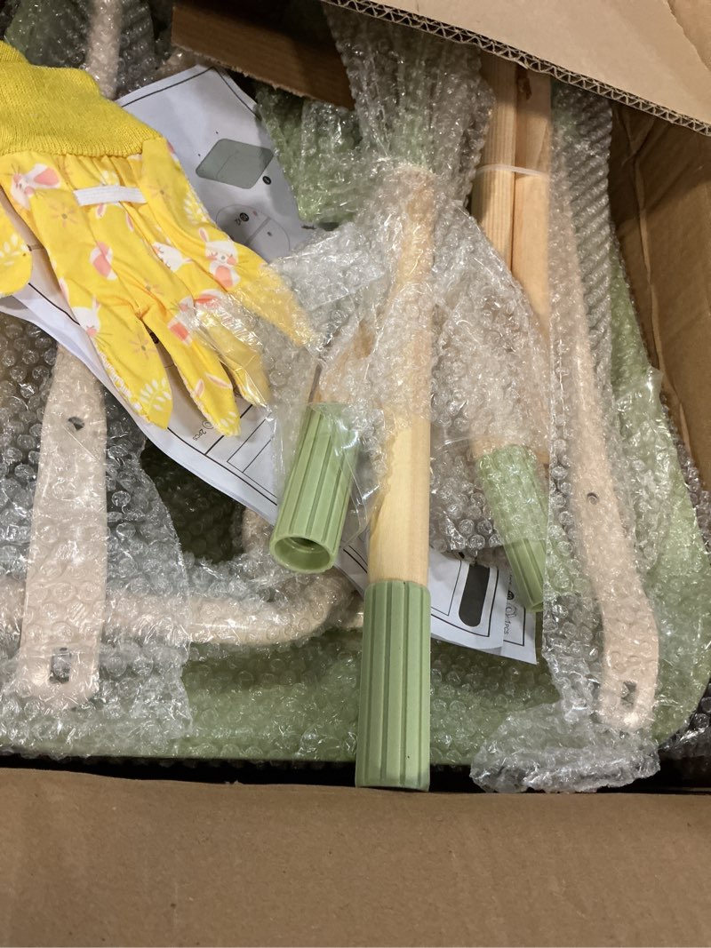 Condition photo showing Good Condition for robotime kids wheelbarrow set, 5pcs kids gardening tool set with metal toy wheelbarrow, shovel, hoe, broom & gloves, outdoor yard play for planting, sand, leaves & snow fun, gifts for toddler 3+