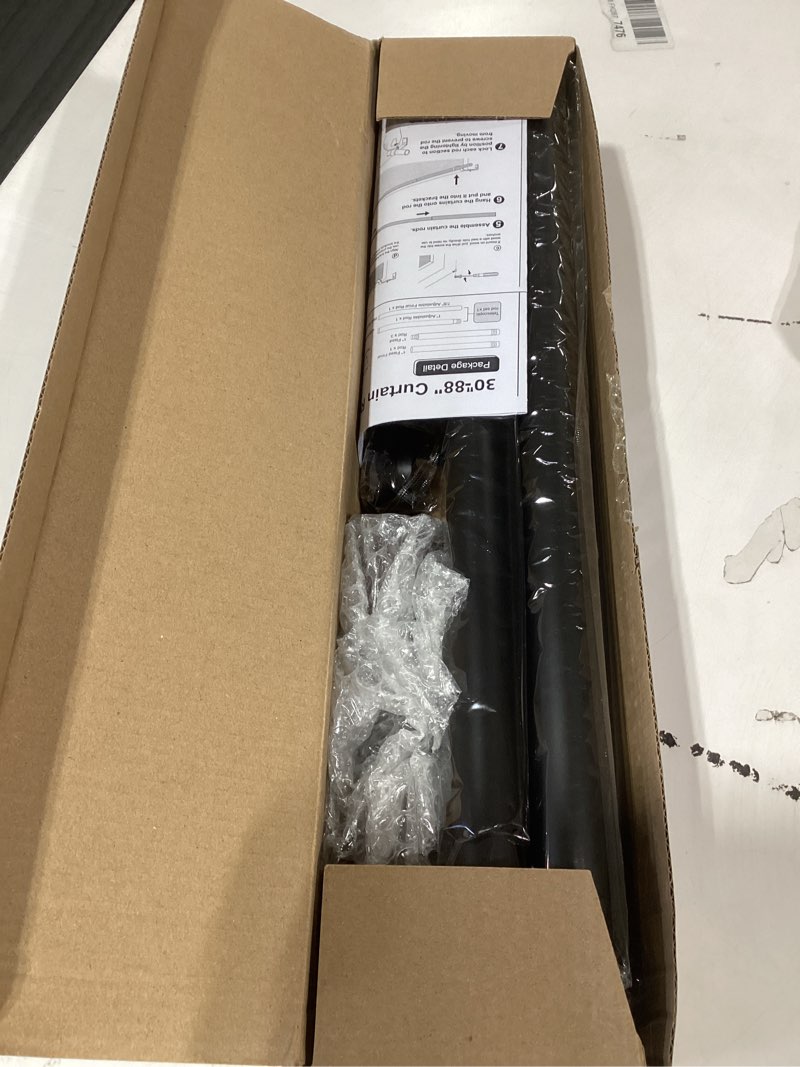 Condition photo showing As Is for Wood Curtain Rods for Windows 48 to 84 Inch, 1” Diameter Drapery Rod with Imitation Wood Grain Finials, Adjustable Heavy Duty Curtain Rod Set, Indoor/Outdoor Modern Curtains Rods, 30-88”