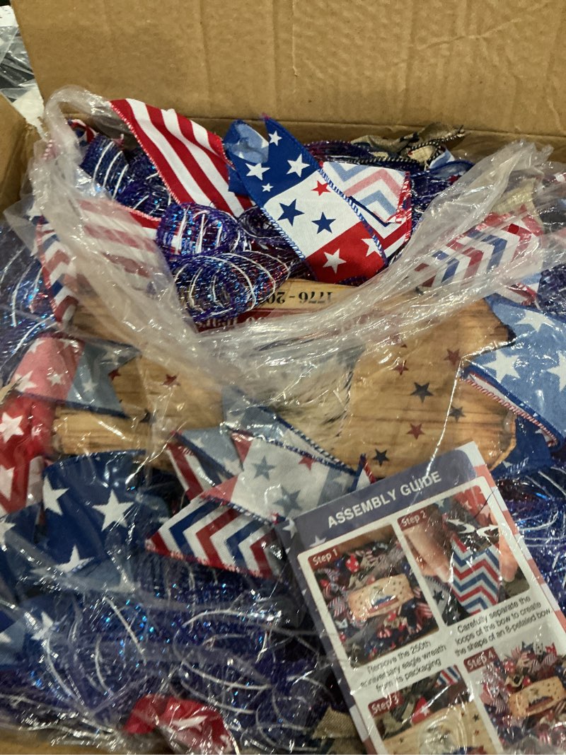 Condition photo showing Good Condition for 250th anniversary patriotic wreath, 4th of july wreaths for front door with wooden eagle door sign & red white blue ribbon for independence day memorial day patriotic decorations(18in, 1pcs) red & blue 1 pcs-18in