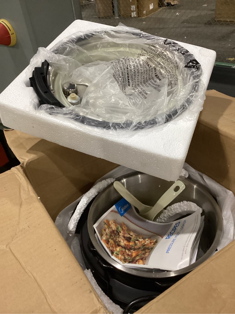 Condition photo showing New/Like New for midea 12-in-1 electric pressure cooker, 6 quarts, 12 presets, multi-functional programmable slow cooker, rice cooker, steamer, sauté pan, yogurt maker, and more, stainless steel black 6 quarts