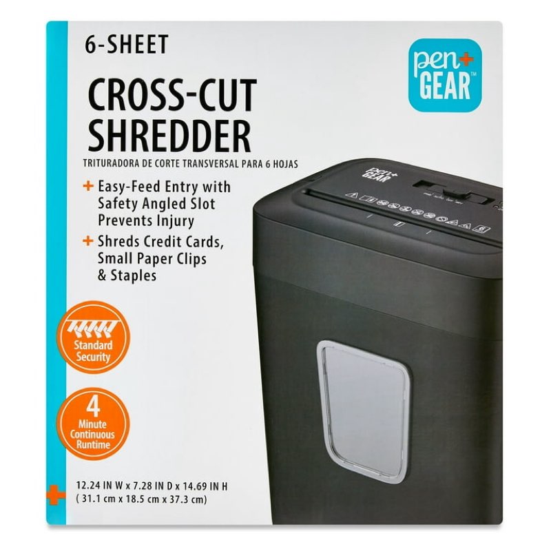 pen+gear 6-sheet cross-cut paper/credit card shredder with 3.7 gallon bin, black, home & office use
