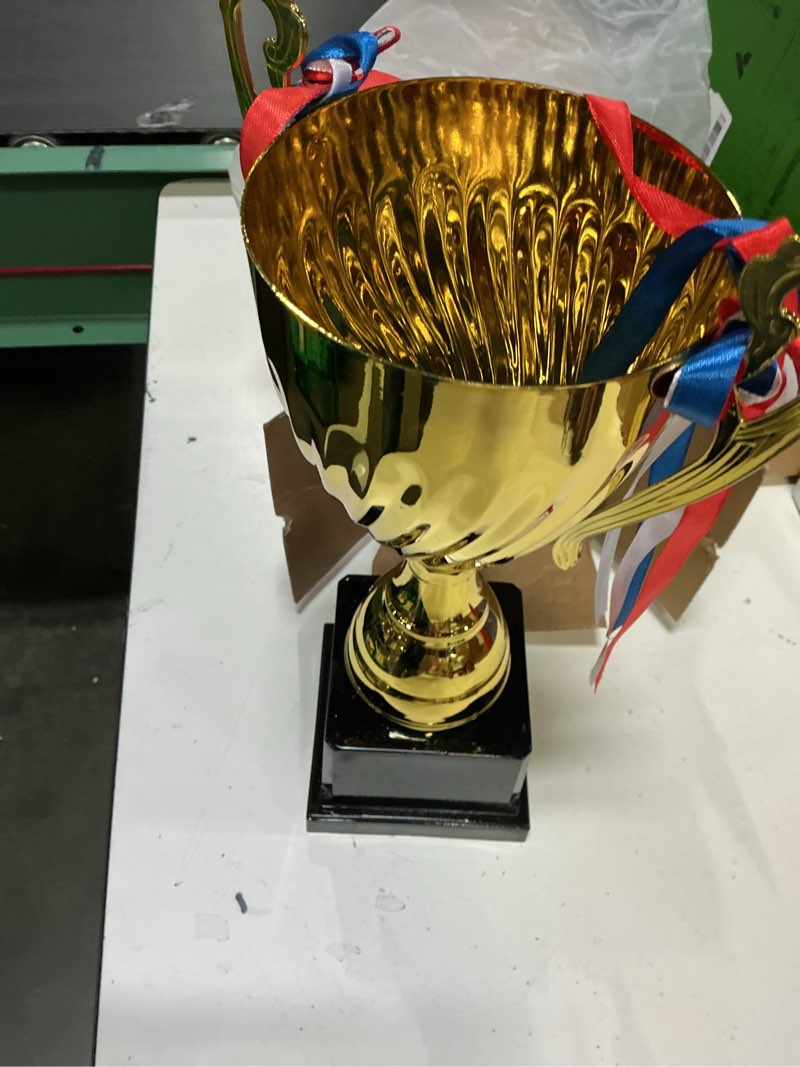 Condition photo showing Good Condition for trophy cup - large trophy,gold award for sports,tournaments,competitions,soccer football league match trophy,other teamwork award
