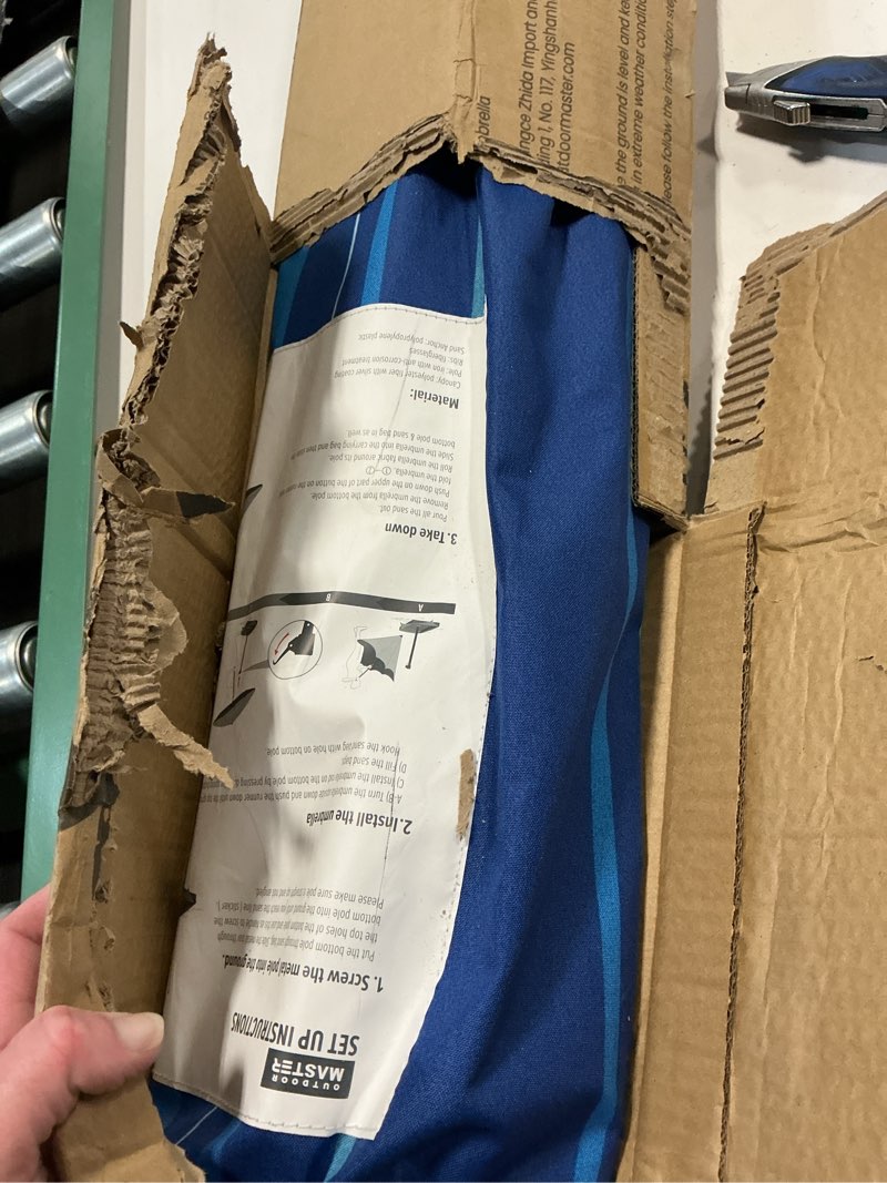 Condition photo showing New/Like New for outdoormaster beach umbrella with sand bag - 6.5ft beach umbrella with sand anchor, upf 50+ pu coating with carry bag for patio and outdoor - dark blue striped