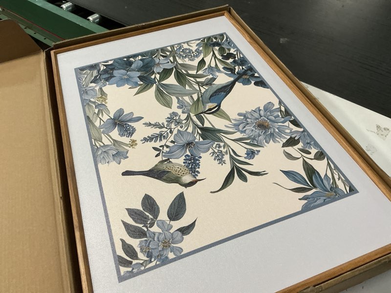 Condition photo showing Good Condition for Aurlan Vintage Blue Birds and Botanical Framed Wall Art(16"x24"), 3PCS Classic Chinoiserie Audubon Bird Canvas Artwork, Large Abstract Watercolor Flowers Floral Home Decor for Bedroom Living Room 16"x24",3 Pcs Blue Birds on Botanical